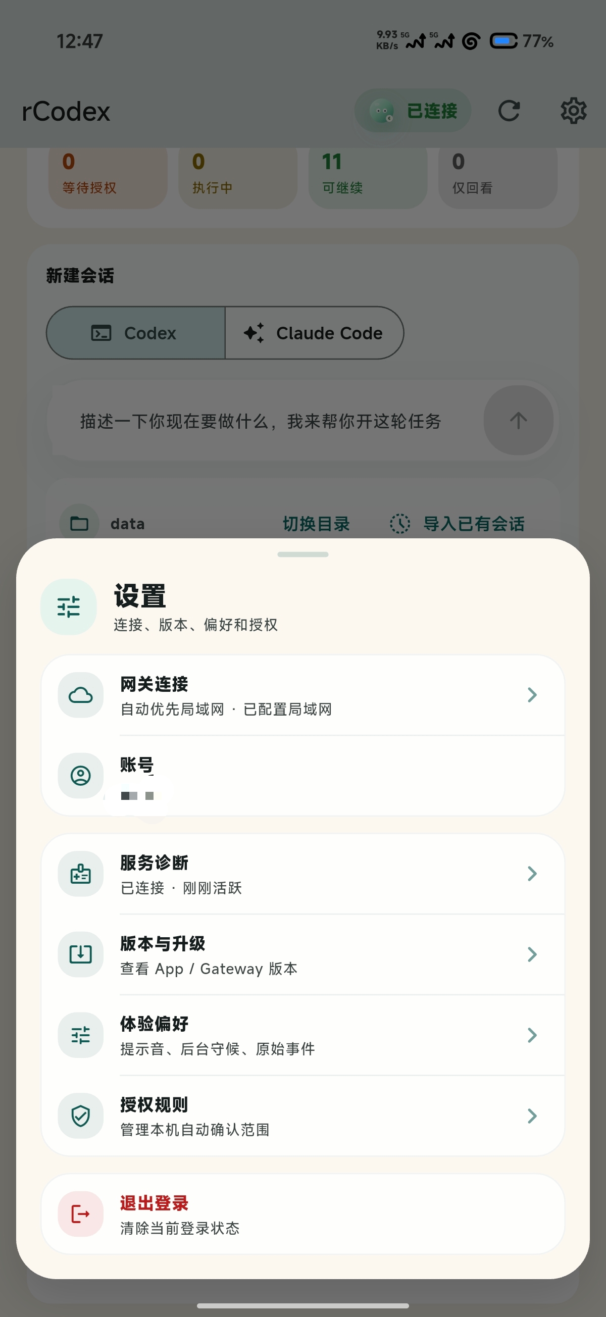 rCodex 设置面板截图